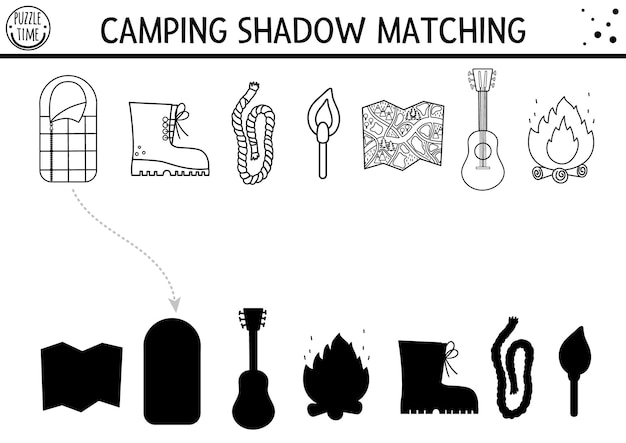 Activité D'association D'ombre De Camp D'été En Noir Et Blanc Avec Un Joli équipement De Camping Kawaii