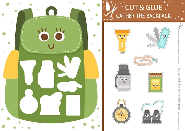 Activité de coupe et de colle de camping vectoriel Jeu d'artisanat éducatif de camp d'été avec sac à dos kawaii