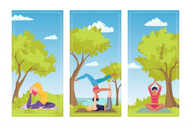 Vecteur activité dans le parc, yoga de relaxation pose exercice à l'illustration de la nature. mode de vie sain avec sport de remise en forme, entraînement des gens. méditation asana et entraînement sain avec ensemble de classe femme.