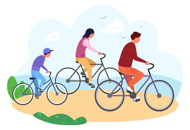 Vecteur activité estivale familiale heureuse parents et enfant à vélo ensemble