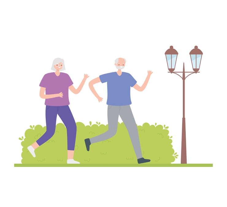 Vecteur activité seniors, heureux couple de personnes âgées marche activité sportive dans la rue.