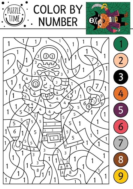 Activité Vectorielle Couleur Par Numéro Avec Un Pirate Mignon Scène De L'île Au Trésor Jeu De Comptage Noir Et Blanc Avec Un Capitaine Mignon Avec Crochet Et Sable Page De Coloriage Pour Les Aventures De La Mer Pour Les Enfantsxa