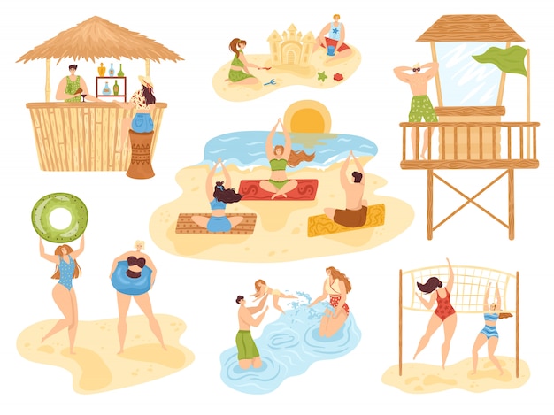 Vecteur activités d'été de plage ensemble d'illustration, gens sur la mer, sport amusant et actif, collection de plage de vacances. yoga, bar de plage, natation famille, enfants avec activité sable et détente.