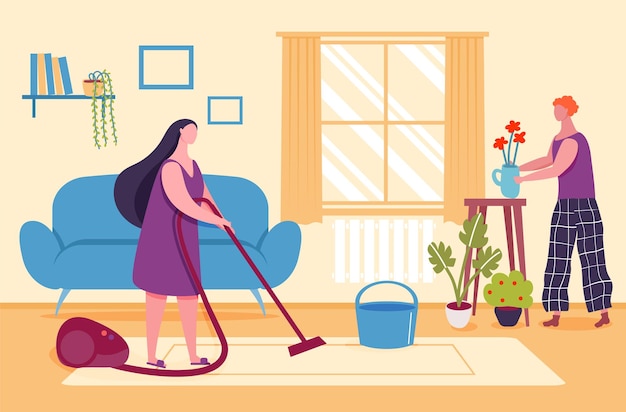 Activités à la maison Femme passant l'aspirateur sur le tapis faisant des tâches ménagères Personnage prenant soin des plantes et des fleurs Couple faisant le nettoyage dans le salon dans l'appartement vecteur Personne avec aspirateur