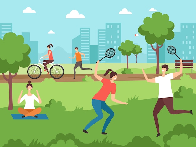 Vecteur activités sportives de plein air. les gens de remise en forme faisant des exercices dans les couples en plein air du parc