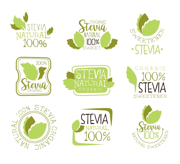 Additif édulcorant alimentaire naturel Stevia et substitut de sucre ensemble de modèles de conception de logo de couleur verte avec des feuilles de plantes