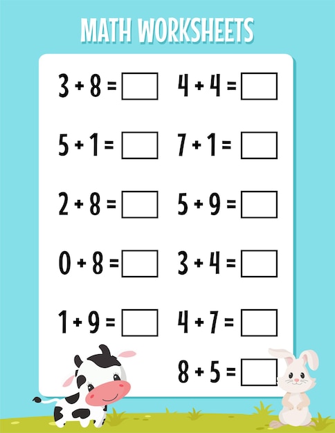 Vecteur addition mathématique pour la feuille de travail de la maternelle