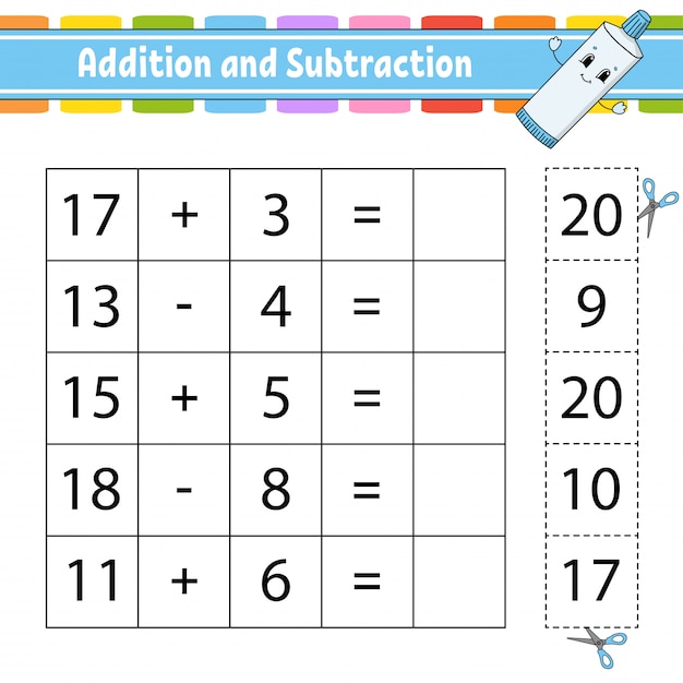 Addition Et Soustraction. Tâche Pour Les Enfants. Couper Et Coller.