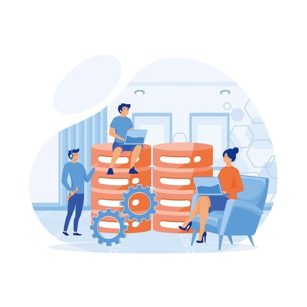 Les administrateurs système ou les administrateurs système entretiennent les racks de serveurs illustration moderne à vecteur plat