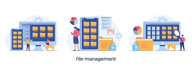 Administration De Gestion De Fichiers, Concept De Classement De Données, Dossier, Galerie, Modèle Vectoriel D'illustration Plate
