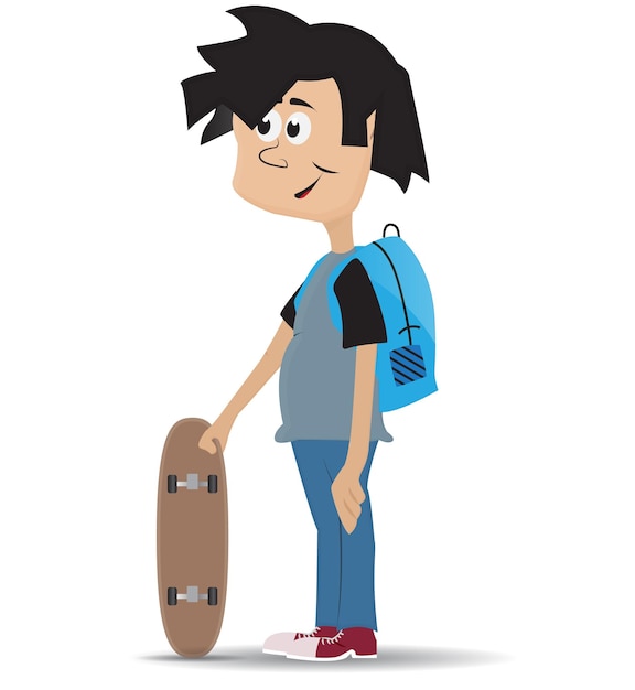 adolescent de dessin animé tenant une planche à roulettes et portant un sac