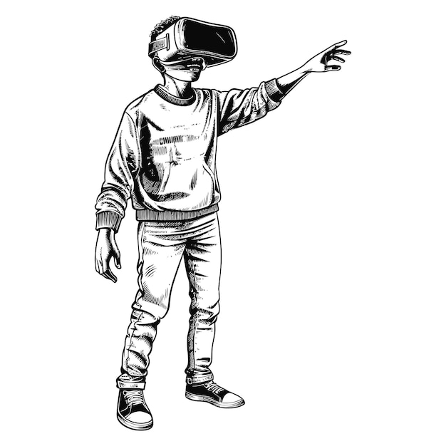 Un Adolescent Jouant Avec Un Casque De Réalité Virtuelle Dans Un Ancien Style D'art De Gravure