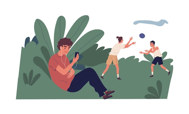 Vecteur adolescent souriant dans un casque tenant un smartphone faisant un appel vidéo à l'illustration plate du vecteur du parc. un gars moderne assis dans des buissons discutant d'une conversation en ligne pendant un jeu de balle masculin isolé.