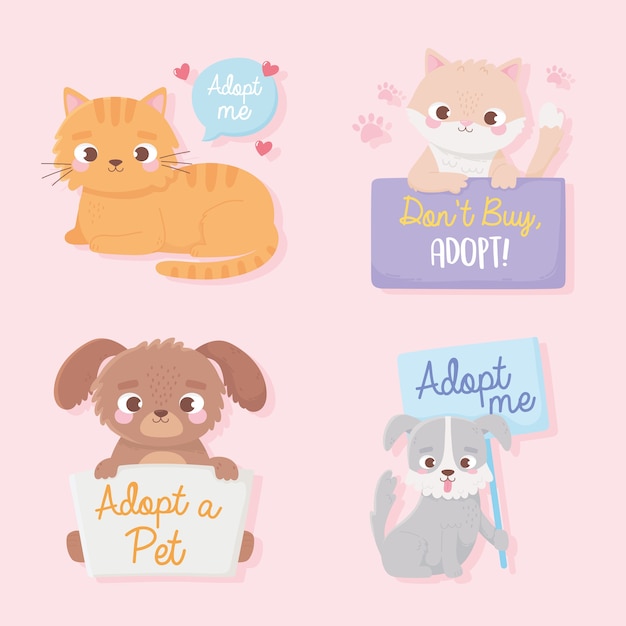 Adoptez Un Animal De Compagnie, De Mignons Petits Chiens Et Chats Animaux Avec Illustration De Lettrage De Planche