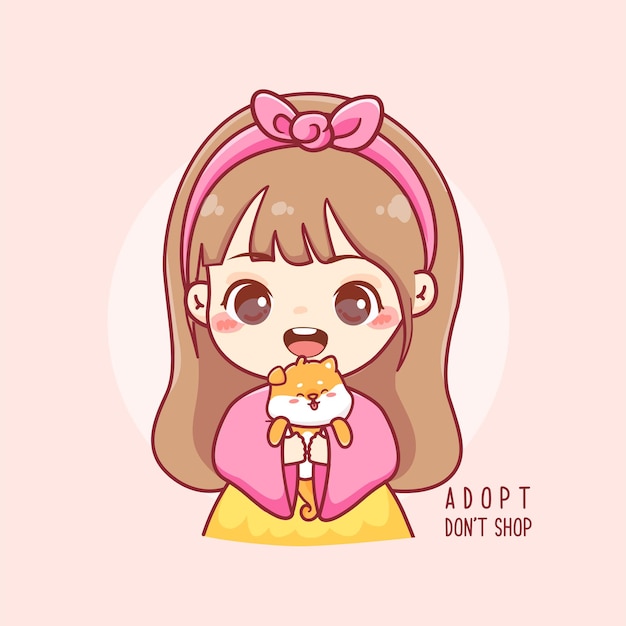 Adoptez un concept d'animal de compagnie avec une jolie fille kawaii et un dessin animé de chien shiba inu