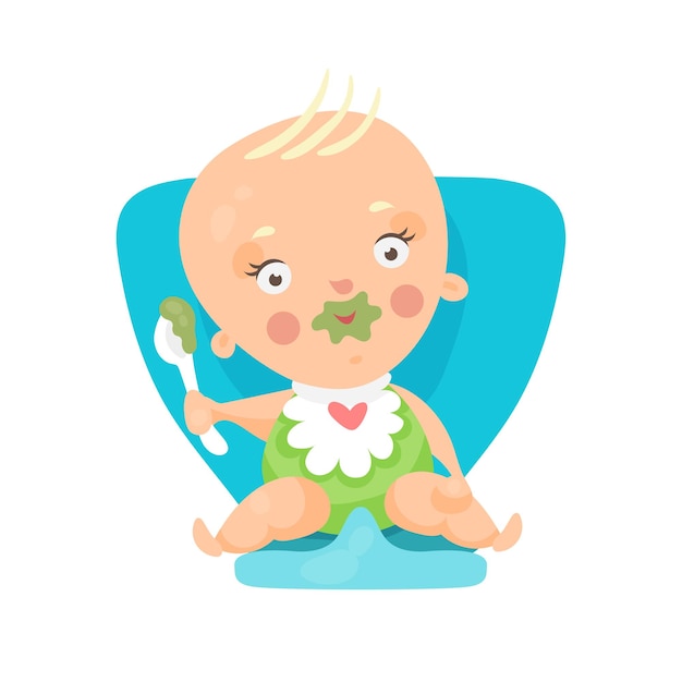 Vecteur adorable bébé dessin animé assis sur une chaise bleue et manger, vecteur de personnage haut en couleur illustration isolé sur fond blanc