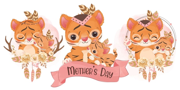 Adorable Bohème Animaux Maman Bébé Illustration