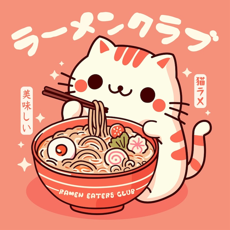 Vecteur adorable chat passionné de cuisine japonaise texte japonais signifiant club ramen chat ramen et delicio