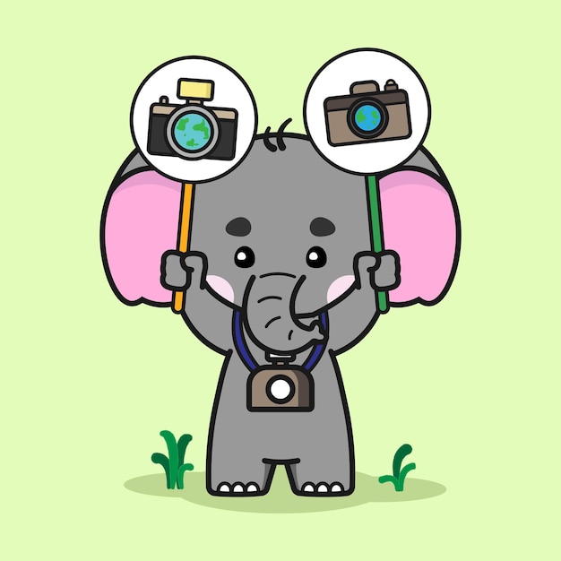 Vecteur adorable éléphant se réjouit de la journée mondiale de la photographie illustration de dessin animé mignon d'éléphant