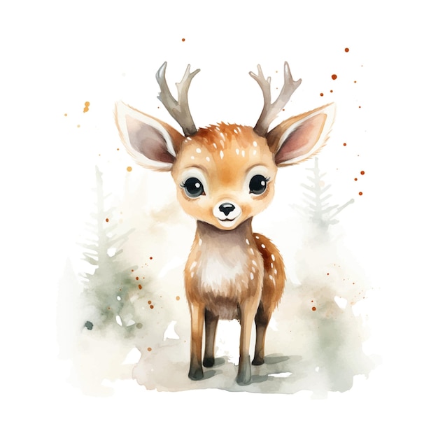 Vecteur adorable illustration de cerf d'hiver à l'aquarelle, œuvre d'art mignonne et fantaisiste avec une touche de magie