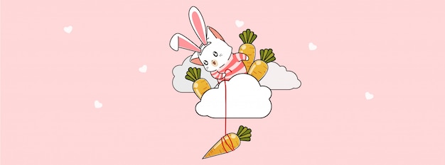 Adorable lapin chat pêche la carotte sur les nuages au printemps