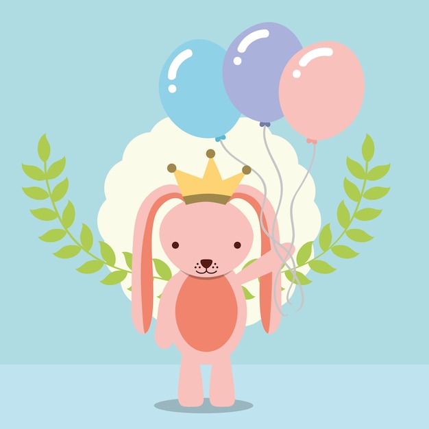 Adorable Lapin Rose Avec Couronne Tenant Des Ballons