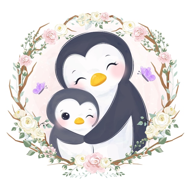 Adorable Maman Et Bébé Pingouin En Illustration Aquarelle