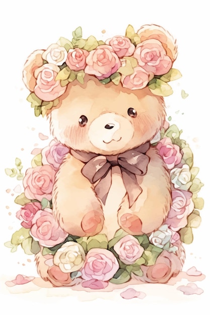 Un adorable ours en peluche avec une couronne de fleurs.