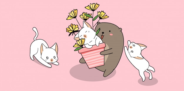 Adorable Ours Tient Un Chat Dans Un Pot Avec Une Fleur Et Des Amis