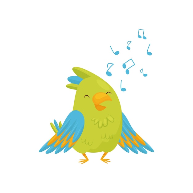 Vecteur adorable perroquet vert chantant chanson personnage d'oiseau de dessin animé avec des plumes vertes et bleues vives plates