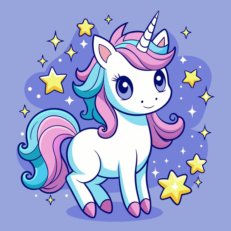 Un adorable personnage de licorne avec des étoiles scintillantes dans une scène capricieuse