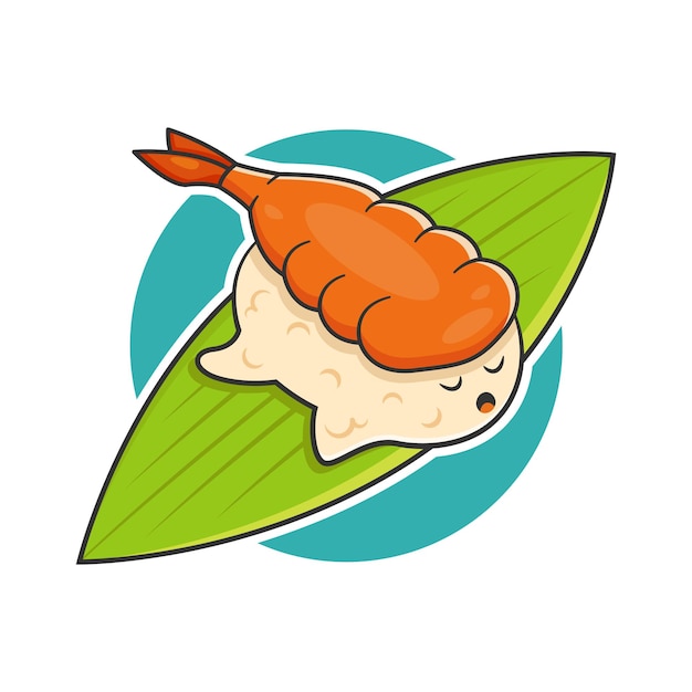 Adorable Personnage De Sushi Aux Crevettes Sur Une Feuille