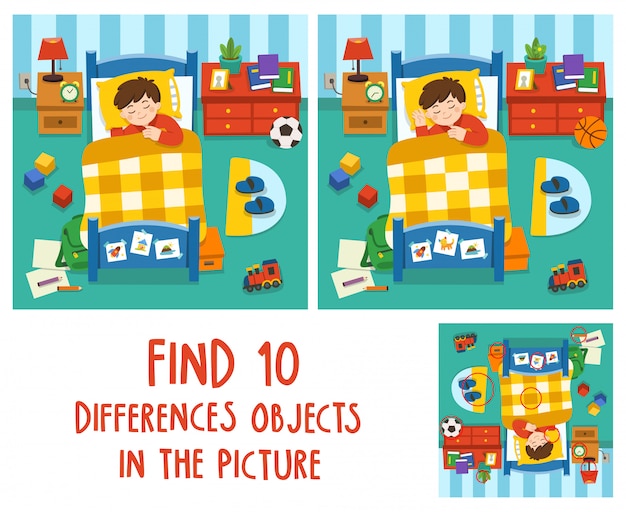 Adorable petit garçon endormi dans le lit, bonne nuit et doux rêves. Trouvez 10 objets de différences dans l'image. Jeu éducatif pour les enfants.