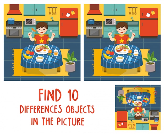 Adorable Petit Garçon Prend Le Petit Déjeuner Dans La Cuisine. Trouvez 10 Objets De Différences Dans L'image. Jeu éducatif Pour Les Enfants.