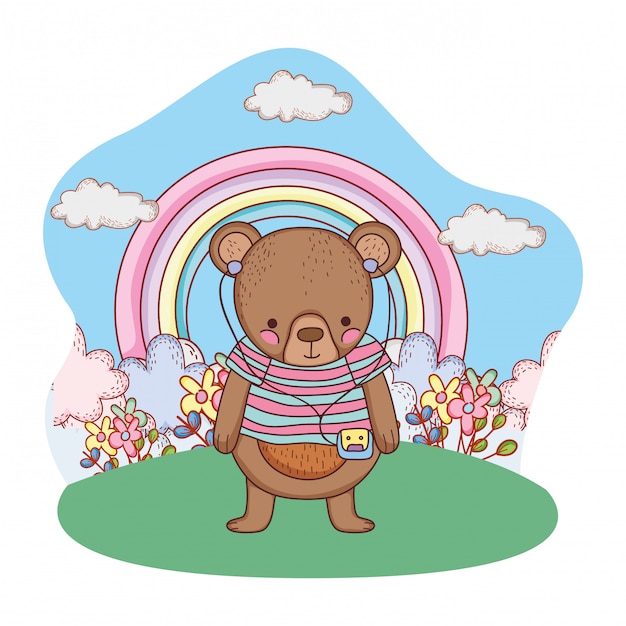 Adorable Petit Ours Avec Une Chemise Et Un Baladeur Dans Le Camp