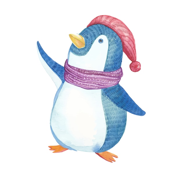 Adorable Pingouin De Noël Avec Bonnet Et écharpe à L'aquarelle