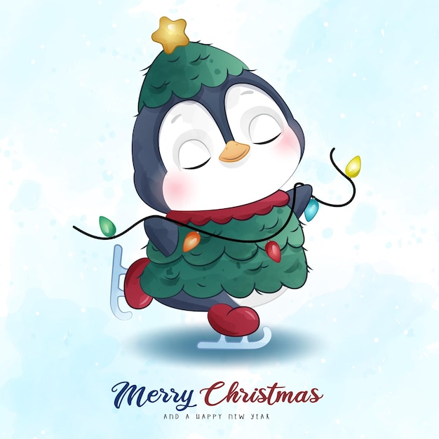 Vecteur adorable pingouin de noël avec illustration aquarelle