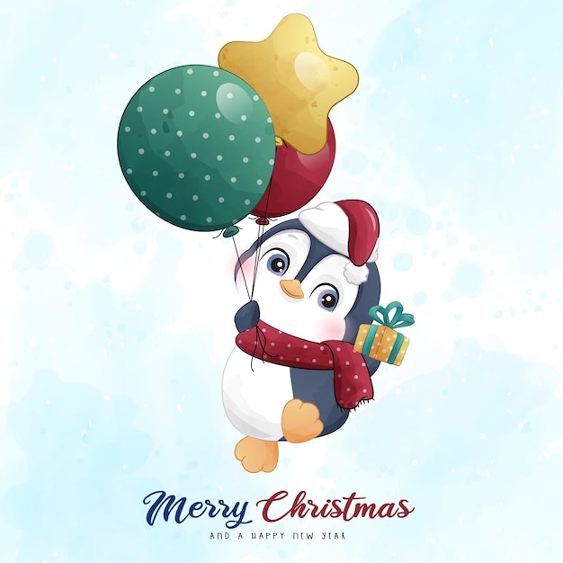 Adorable Pingouin De Noël Avec Illustration Aquarelle