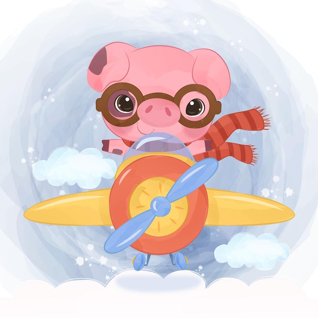 Adorable Porcelet Volant Avec Un Avion En Illustration Aquarelle