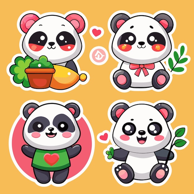 Adorables autocollants d'ours panda de dessin animé avec des expressions mignonnes isolées sur un fond jaune