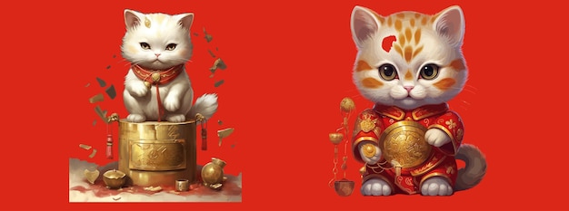 Adorables Chatons Illustrés En Tenue Traditionnelle Chinoise Avec Des Pièces D'or Célébrant La Prospérité Et Le Bien