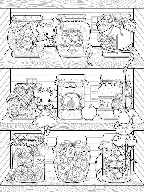 Adorables souris avec divers pots de confiture - Coloriage adulte