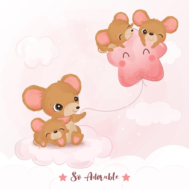 Vecteur adorables souris ludiques en illustration aquarelle