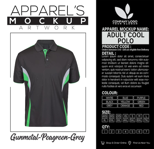 Adult Cool Polo Gunmetal Peagreen Grey Mockup Apparel Conception D'œuvres D'art Pour Les Adultes