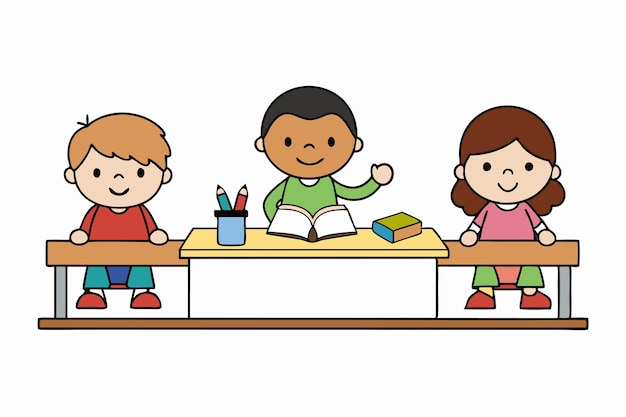 Adventures Cartoon en classe Les enfants apprennent et jouent à l'illustration vectorielle Cartoon