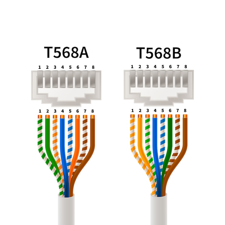 Vecteur affectation des broches de croisement rj45 dans les types de connexions t568a et t568b, schéma infographique