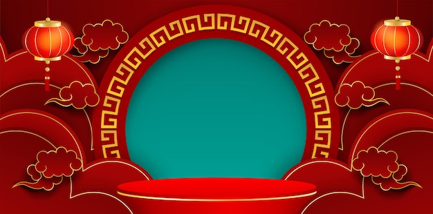Affichage du podium de présentation du produit sur le thème du nouvel an chinois sur fond rouge. Vecteur.