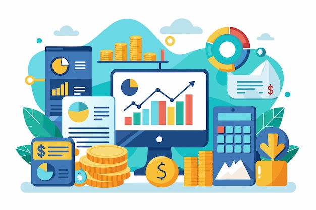 Un affichage dynamique de données financières personnalisables avec des graphiques, des calculateurs et des piles de pièces dans un espace de travail numérique moderne