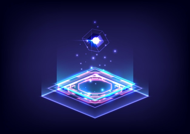 Affichage et présentation du produit Technologie scifi futuriste socle de plate-forme cyberpunk cyber Podium carré Éclairages au néon holographiques Porte magique dans le jeu fantastique