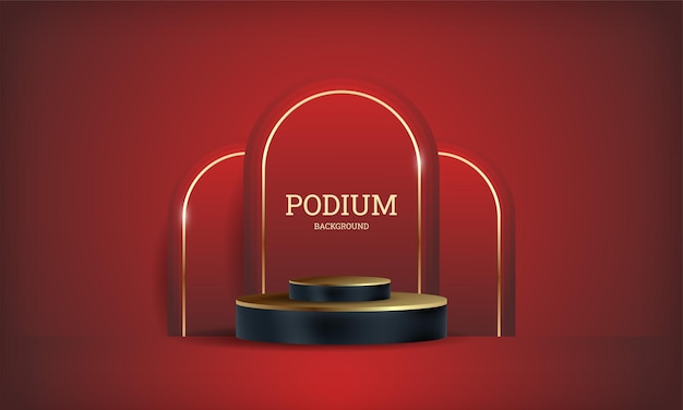 Affichage de produit de podium noir 3D de luxe élégant et réaliste sur fond rouge avec élément de brillance dorée